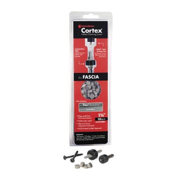 The Cortex Concealed Fastening System for Trex Fascia includes a Counterbore Tool, TORX screw-setting tool, 100 epoxy-coated screws, and 105 color-matching plugs