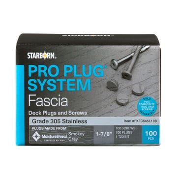 The Pro Plug System for MoistureShield Fascia makes installing fascia boards easy with color match plugs and screws. The Pro Plug Fascia Tool is <a href="pro-plug-system-for-pvc-and-composite-fascia-tool-by-starborn-2.html">sold separately</a>.